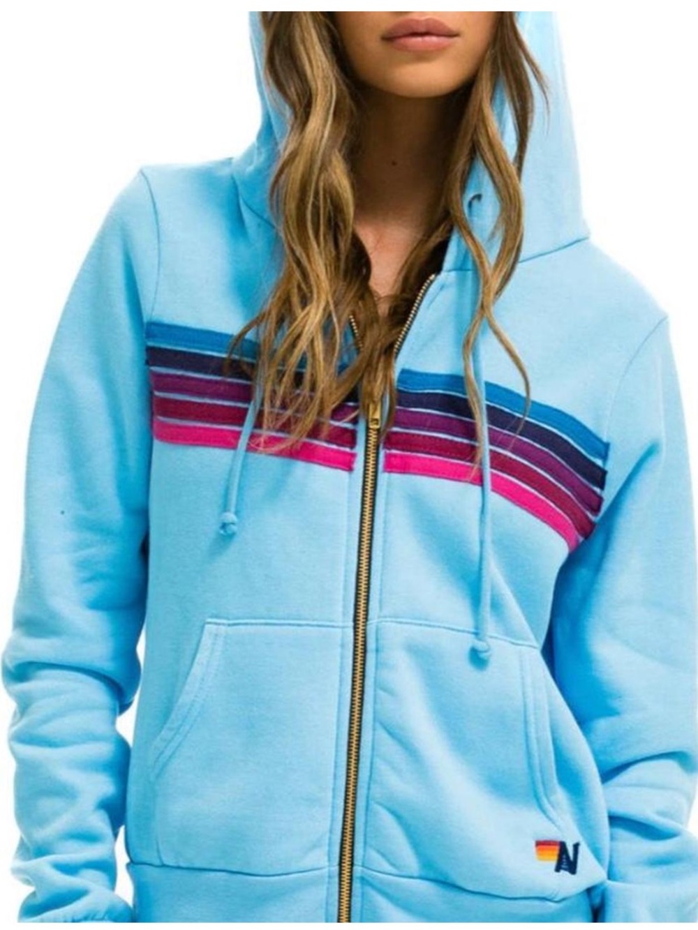 Aviator Nation 5 Stripe Zip Hoodie Sweatshirt Women’s Baby Blue Sz Médium